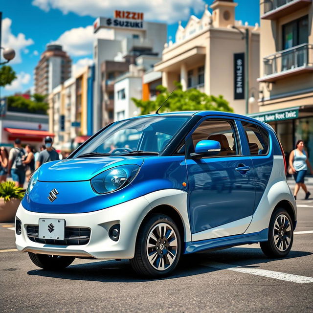 A striking image of a blue and white Suzuki S-Presso car parked against an urban backdrop