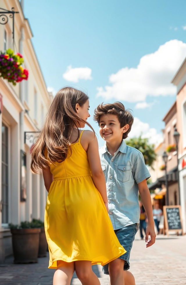 A girl and a boy walking past each other on a sunlit city street