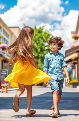 A girl and a boy walking past each other on a sunlit city street