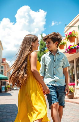 A girl and a boy walking past each other on a sunlit city street