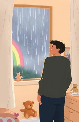 A poignant illustration depicting the theme of childhood trauma, focusing on an adult figure standing in a soft-lit room, looking out a window with a contemplative expression