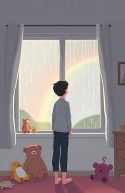 A poignant illustration depicting the theme of childhood trauma, focusing on an adult figure standing in a soft-lit room, looking out a window with a contemplative expression