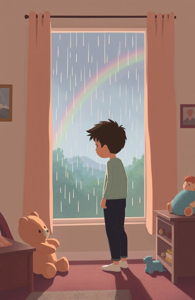 A poignant illustration depicting the theme of childhood trauma, focusing on an adult figure standing in a soft-lit room, looking out a window with a contemplative expression