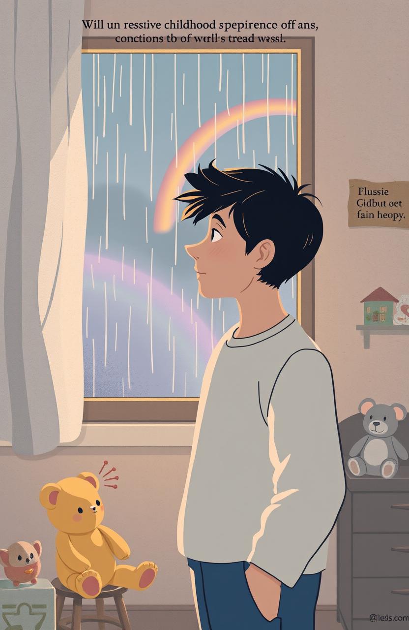 A poignant illustration depicting the theme of childhood trauma, focusing on an adult figure standing in a soft-lit room, looking out a window with a contemplative expression