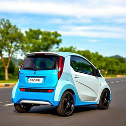 A stunning Suzuki S-Presso in a vibrant blue and white color scheme, parked on a picturesque street