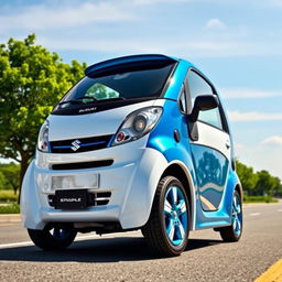 A stunning Suzuki S-Presso in a vibrant blue and white color scheme, parked on a picturesque street