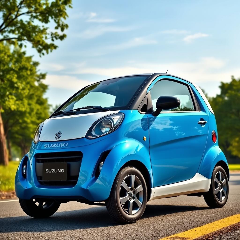 A stunning Suzuki S-Presso in a vibrant blue and white color scheme, parked on a picturesque street