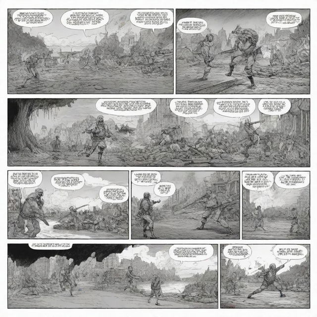 Generate a six-panel comic strip with an action theme. It should incorporate dynamic characters, intense battles, suspense and plot twists, with each panel advancing the story.