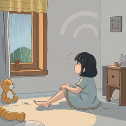 A poignant illustration depicting the theme of childhood trauma, focusing on a 12-year-old girl sitting alone in a soft-lit room, looking thoughtfully out a window with a contemplative expression