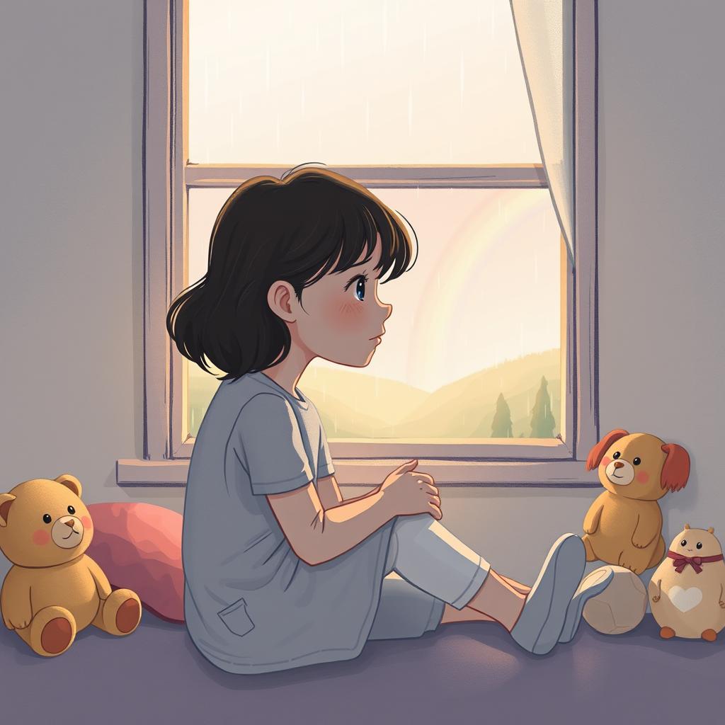 A poignant illustration depicting the theme of childhood trauma, focusing on a 12-year-old girl sitting alone in a soft-lit room, looking thoughtfully out a window with a contemplative expression