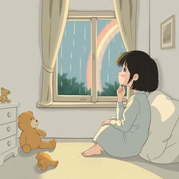 A poignant illustration depicting the theme of childhood trauma, focusing on a 12-year-old girl sitting alone in a soft-lit room, looking thoughtfully out a window with a contemplative expression