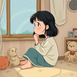 A poignant illustration depicting the theme of childhood trauma, focusing on a 12-year-old girl sitting alone in a soft-lit room, looking thoughtfully out a window with a contemplative expression