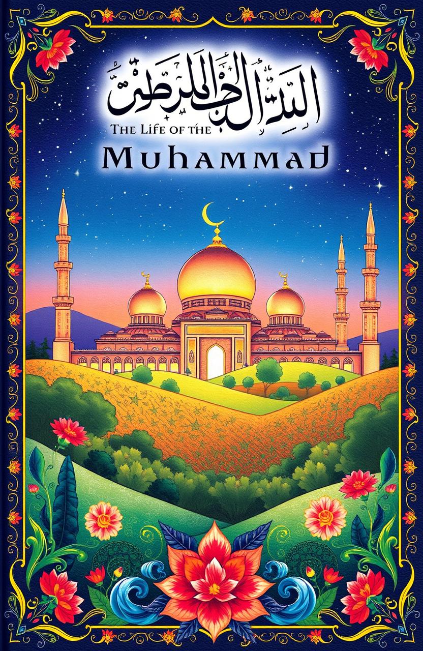 A beautifully illustrated cover of an Islamic book about the Prophet Muhammad, showcasing a serene landscape with intricate Islamic patterns and vibrant colors