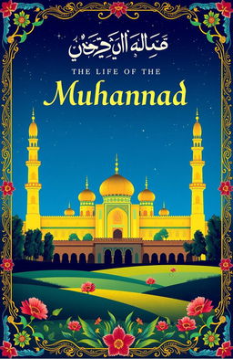 A beautifully illustrated cover of an Islamic book about the Prophet Muhammad, showcasing a serene landscape with intricate Islamic patterns and vibrant colors