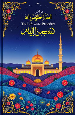 A beautifully illustrated cover of an Islamic book about the Prophet Muhammad, showcasing a serene landscape with intricate Islamic patterns and vibrant colors