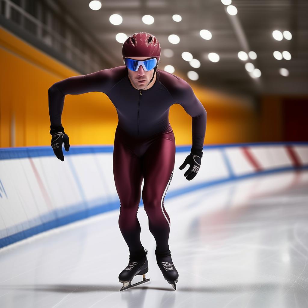 Form-fitting long-track speed skating attire for an adult male, designed for aerodynamics and speed, including a helmet, skin-tight suit, and speed skates.