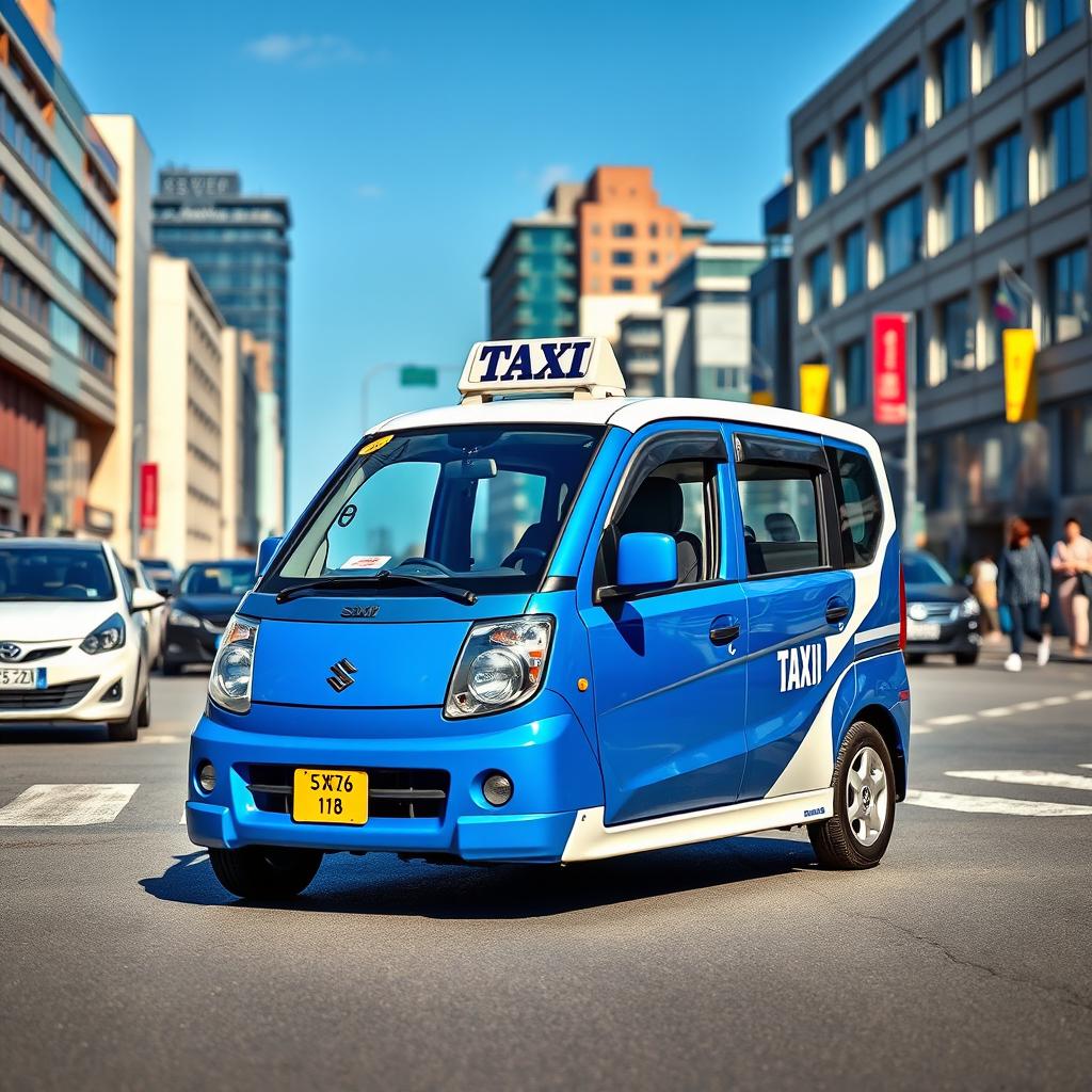 An eye-catching image of a blue and white Suzuki S-Presso taxi, showcasing its unique design as a city transportation vehicle