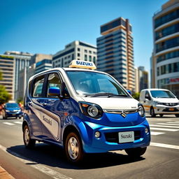 An eye-catching image of a blue and white Suzuki S-Presso taxi, showcasing its unique design as a city transportation vehicle