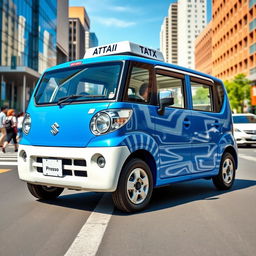 An eye-catching image of a blue and white Suzuki S-Presso taxi, showcasing its unique design as a city transportation vehicle