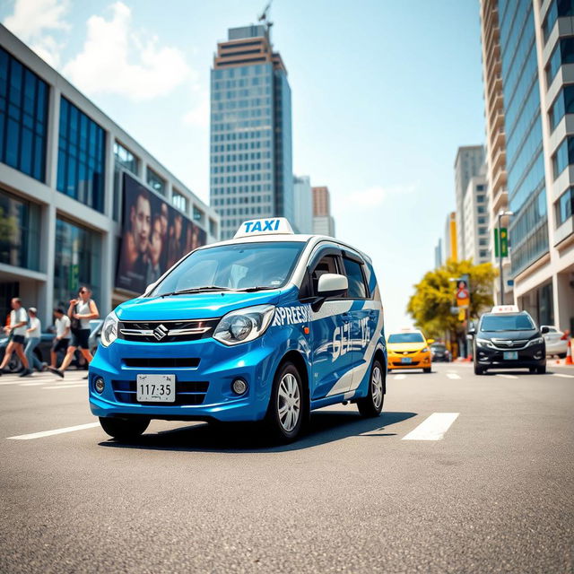 An eye-catching image of a blue and white Suzuki S-Presso taxi, showcasing its unique design as a city transportation vehicle