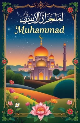 A beautifully illustrated cover of an Islamic book about the Prophet Muhammad, showcasing a serene landscape with intricate Islamic patterns and vibrant colors