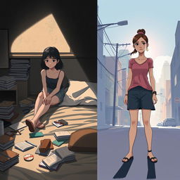 A powerful illustration capturing the theme of childhood trauma, featuring two pivotal moments in a girl's journey from her teenage years to her early twenties