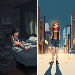 A powerful illustration capturing the theme of childhood trauma, featuring two pivotal moments in a girl's journey from her teenage years to her early twenties