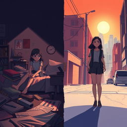 A powerful illustration capturing the theme of childhood trauma, featuring two pivotal moments in a girl's journey from her teenage years to her early twenties