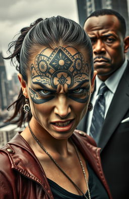 A furious, angry city girl with striking features, one half of her face beautifully transformed into an elaborate priestess design, featuring intricate patterns and symbols