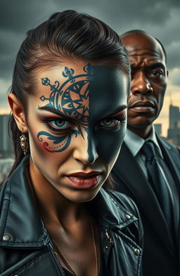 A furious, angry city girl with striking features, one half of her face beautifully transformed into an elaborate priestess design, featuring intricate patterns and symbols
