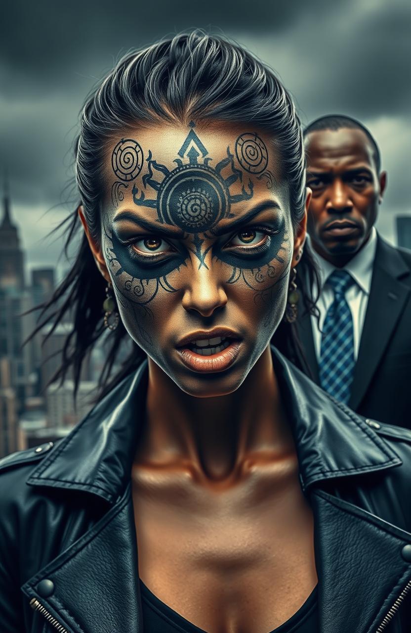 A furious, angry city girl with striking features, one half of her face beautifully transformed into an elaborate priestess design, featuring intricate patterns and symbols