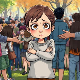 An evocative illustration depicting a young girl, around 10 years old, standing in a crowded park filled with people enjoying the day