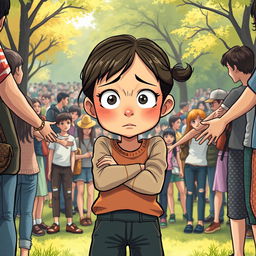 An evocative illustration depicting a young girl, around 10 years old, standing in a crowded park filled with people enjoying the day