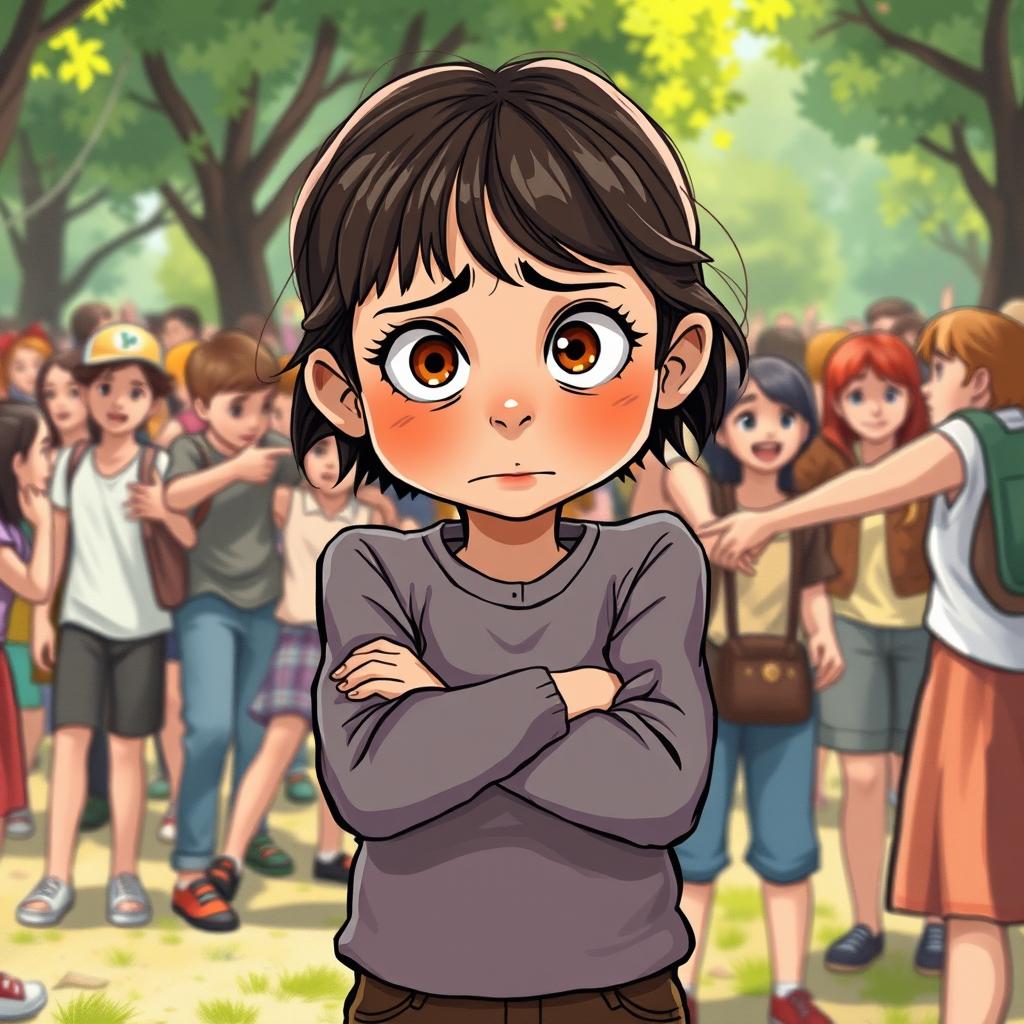 An evocative illustration depicting a young girl, around 10 years old, standing in a crowded park filled with people enjoying the day