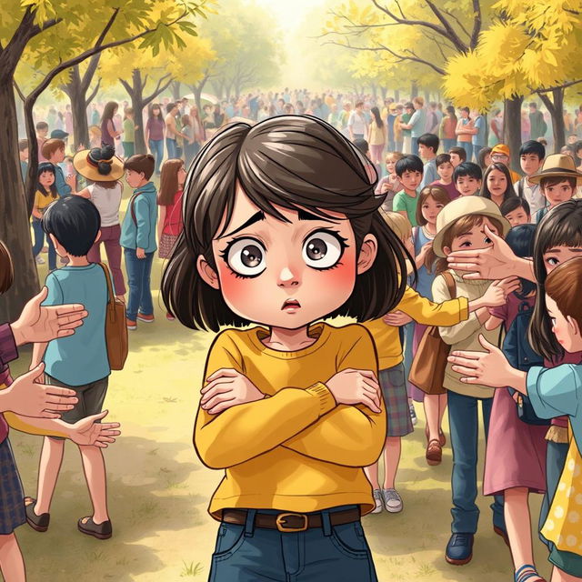 An evocative illustration depicting a young girl, around 10 years old, standing in a crowded park filled with people enjoying the day