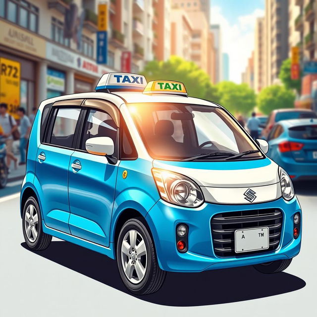 A vibrant and detailed illustration of a Suzuki S-Presso GL 5P car in a striking blue and white color scheme, designed as a taxi