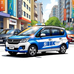 A vibrant and detailed illustration of a Suzuki S-Presso GL 5P car in a striking blue and white color scheme, designed as a taxi