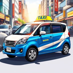 A vibrant and detailed illustration of a Suzuki S-Presso GL 5P car in a striking blue and white color scheme, designed as a taxi