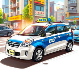 A vibrant and detailed illustration of a Suzuki S-Presso GL 5P car in a striking blue and white color scheme, designed as a taxi