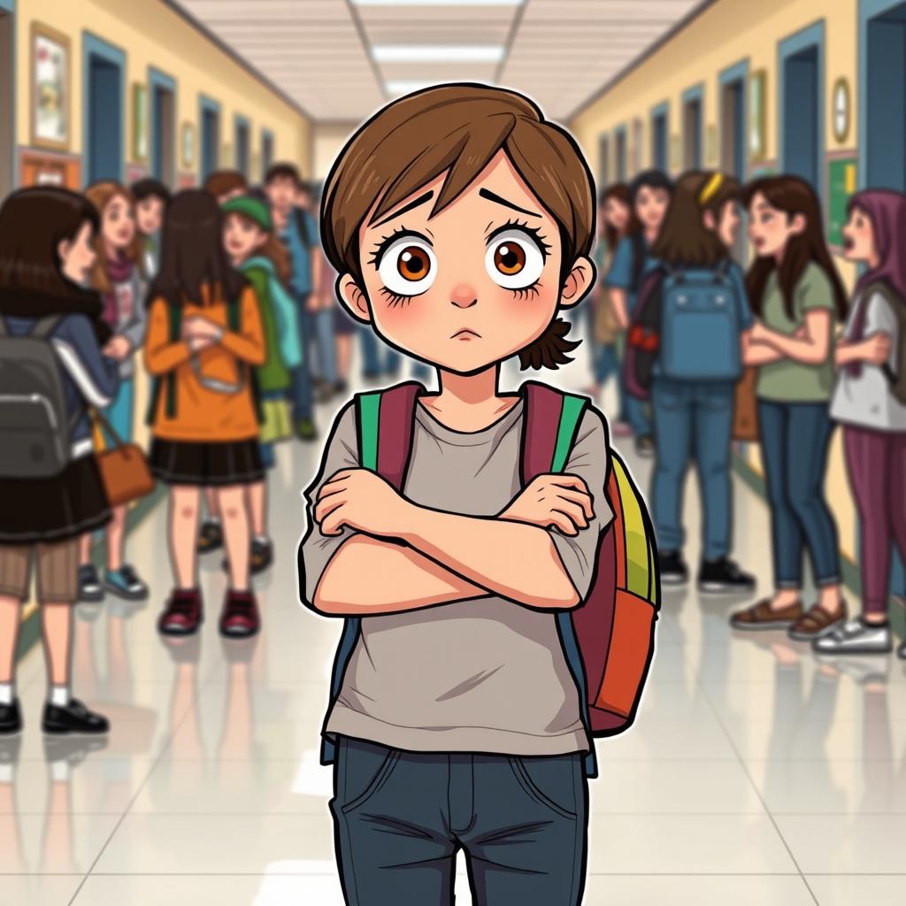 A touching illustration of a 12-year-old girl standing in a busy school hallway, with a mix of students in the background laughing and chatting