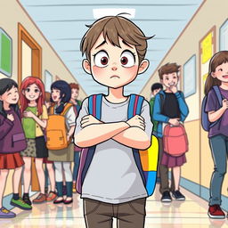 A touching illustration of a 12-year-old girl standing in a busy school hallway, with a mix of students in the background laughing and chatting