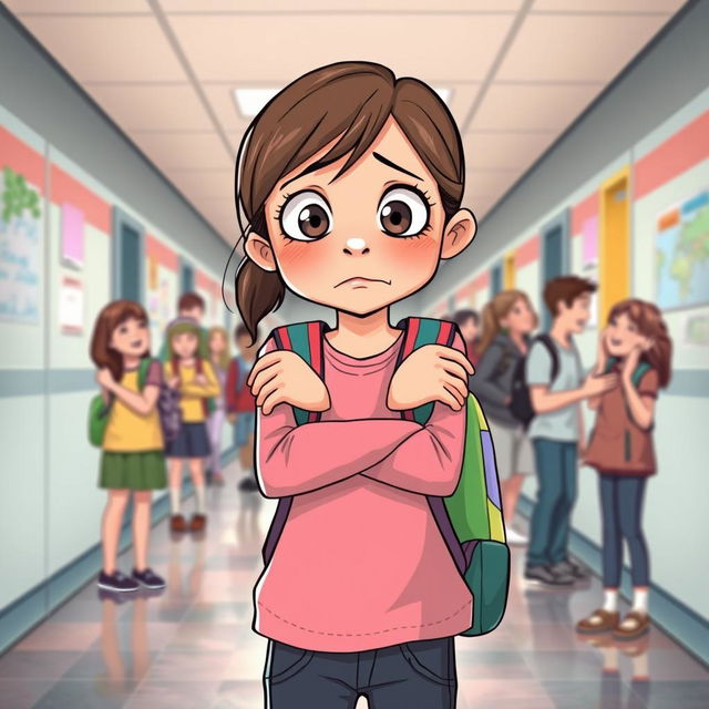 A touching illustration of a 12-year-old girl standing in a busy school hallway, with a mix of students in the background laughing and chatting