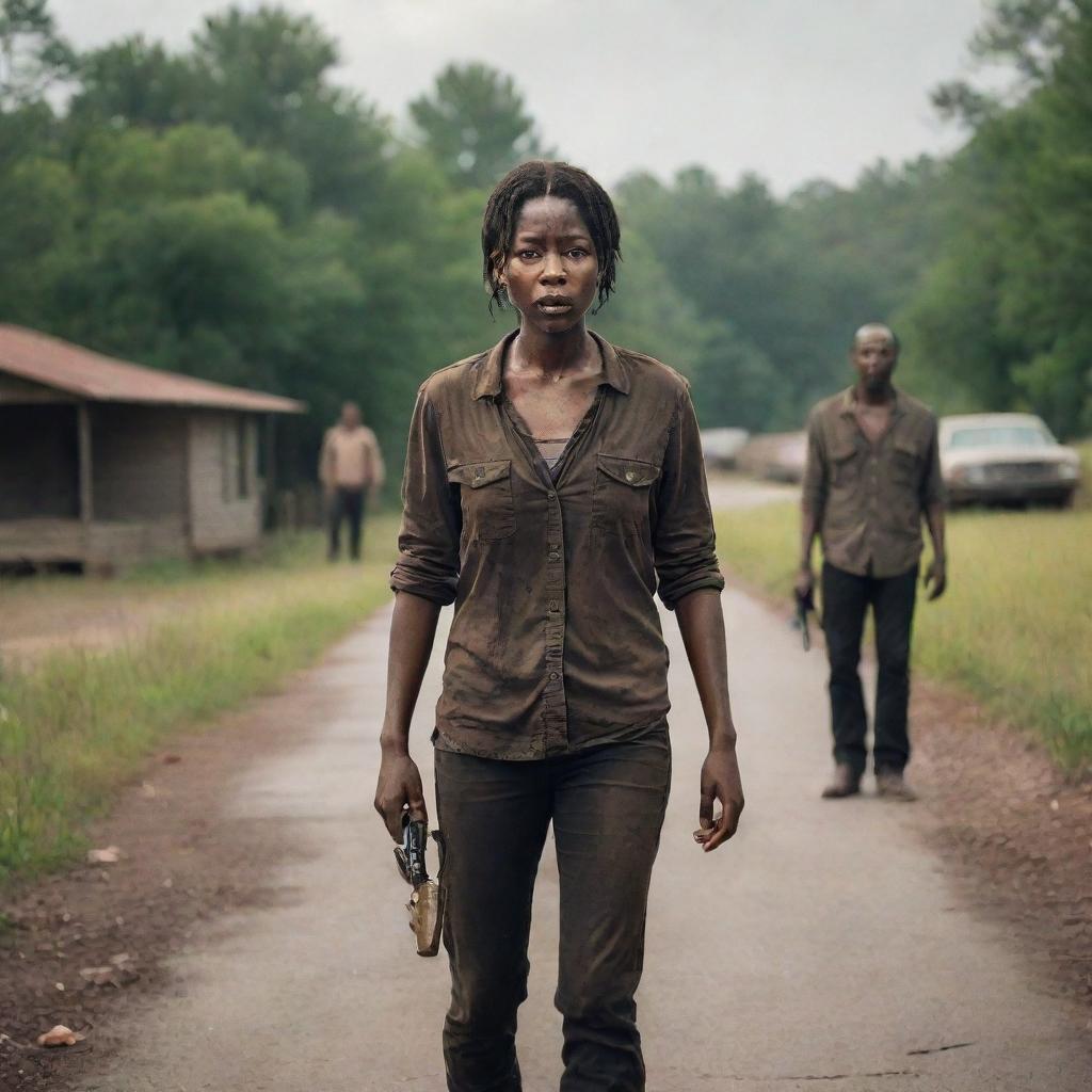 A high-definition, cinematic style photo inspired by The Walking Dead, featuring elements of the series' iconic setting and characters, untouched and in its raw form.