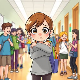 A touching illustration of a 12-year-old girl standing in a busy school hallway, with a mix of students in the background laughing and chatting
