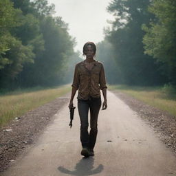 A high-definition, cinematic style photo inspired by The Walking Dead, featuring elements of the series' iconic setting and characters, untouched and in its raw form.