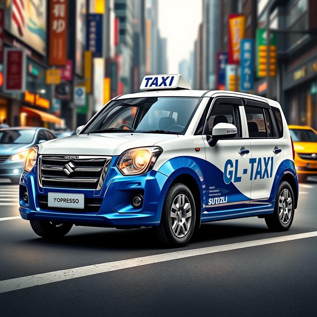 A realistic and colorful depiction of a Suzuki S-Presso GL 5P 998cc car in a captivating blue and white color scheme, styled as a city taxi