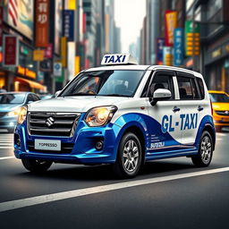 A realistic and colorful depiction of a Suzuki S-Presso GL 5P 998cc car in a captivating blue and white color scheme, styled as a city taxi