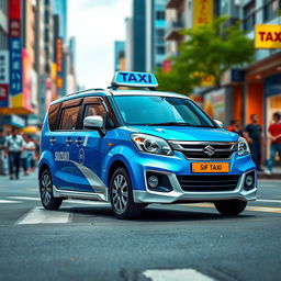 A realistic and colorful depiction of a Suzuki S-Presso GL 5P 998cc car in a captivating blue and white color scheme, styled as a city taxi