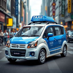 A realistic and colorful depiction of a Suzuki S-Presso GL 5P 998cc car in a captivating blue and white color scheme, styled as a city taxi