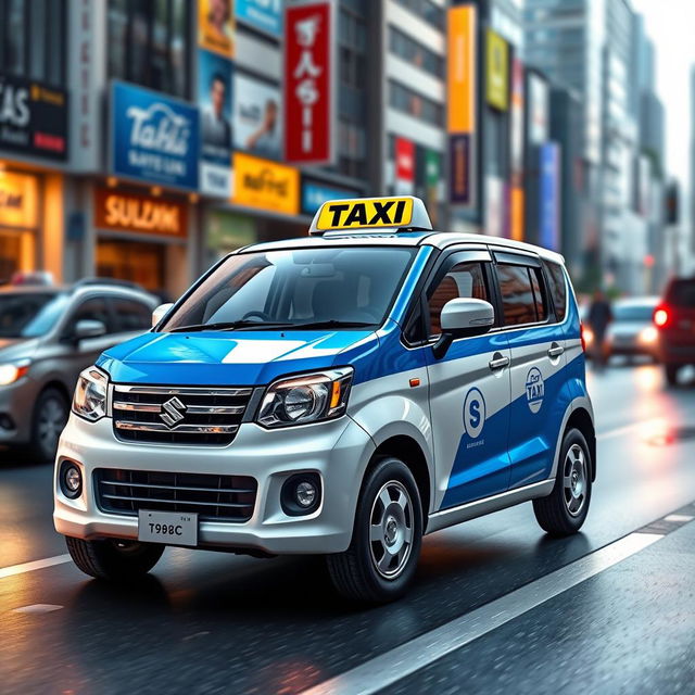 A realistic and colorful depiction of a Suzuki S-Presso GL 5P 998cc car in a captivating blue and white color scheme, styled as a city taxi